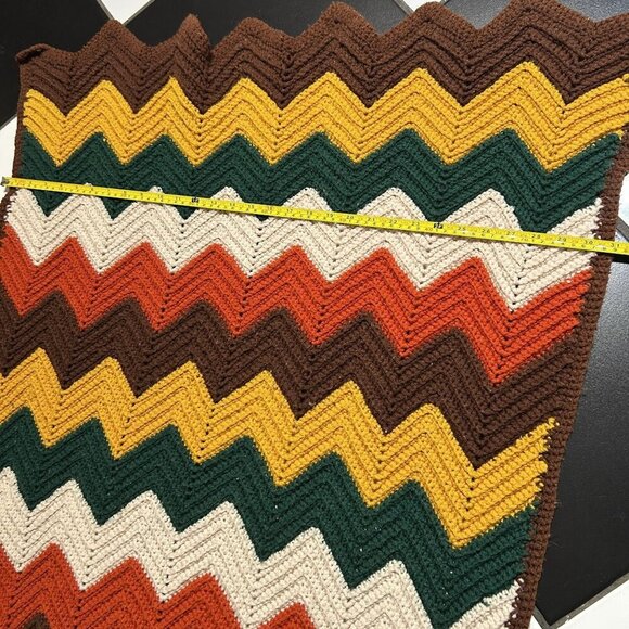 Handmade Afghan Couch Blanket Green Orange Brown Fall Knit Crochet 31x70 Vintage - Picture 3 of 6